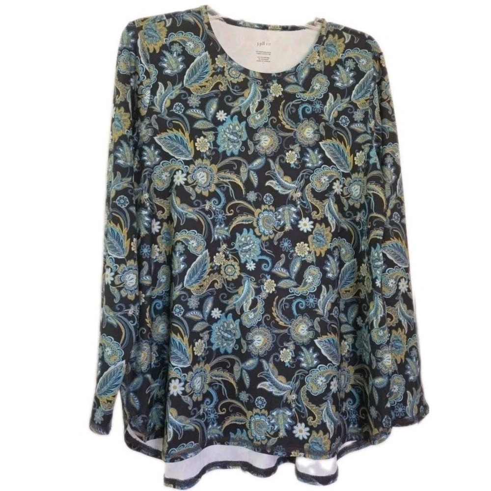 J. Jill Fit Performance Long Sleeve Tee Navy Floral Paisley Activewear Top Large